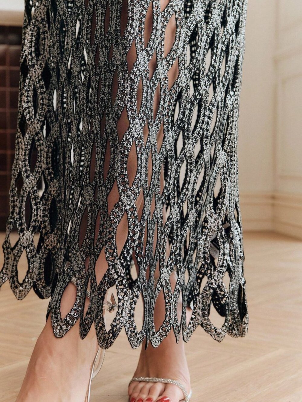 Black And White Casual Women's Macrame Hollow Out Crochet Midi Skirt - Picture 8 of 8